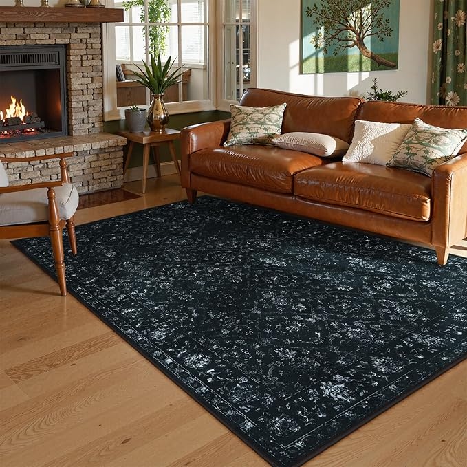 Hedlive Vintage Black Rug for Bedroom, Non Slip Washable Area Rugs 5x7 for Living Room, Ultra-Thin Soft Boho Bedroom Rug for Dining Room Office (5'x7', Black)