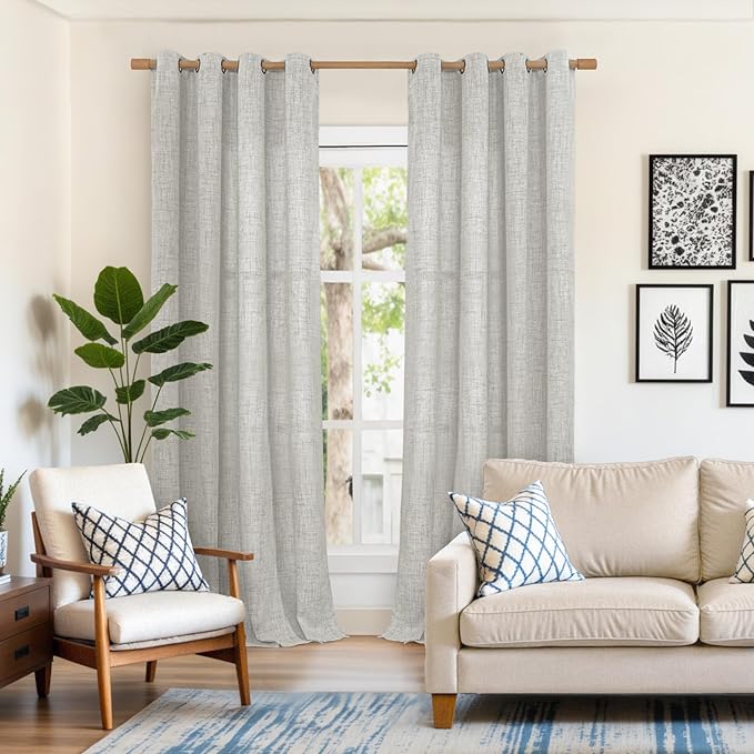 YoungsTex Extra Long Linen Curtains 108 Inch Length for Living Room, Light Grey Drapes Light Filtering with Bronze Grommet Privacy for Bedroom Floor Length, 2 Panels, 52 X 108 Inch