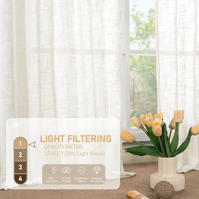 LAMIT Cream 80 inch Linen Curtains for Doorway, Light Filtering Semi Sheer Drapes Back Tab and Rod Pocket Neutral Panels for Bedroom/Living Room, 34 x 80 Inch, 2 Panels