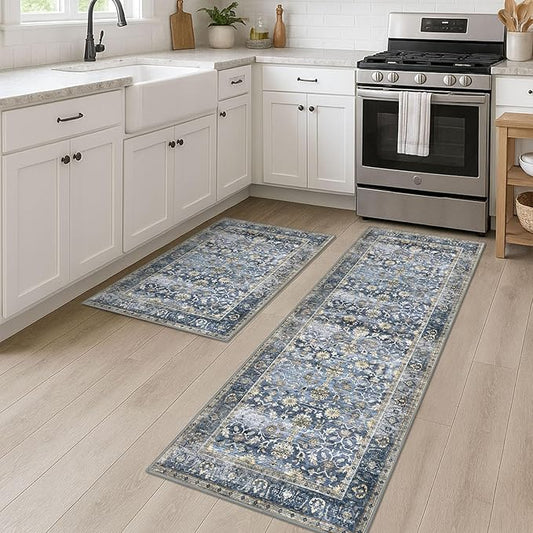 KUTA Vintage Floral Rugs for Entryway, 2PCS 2x3 and 2x6 Blue Grey Beige Entrance Small Area Rug, Non-Slip Washable Ultra Thin Soft Hallway Runner Rug, Low-Pile Indoor Door Mat Floor Carpet