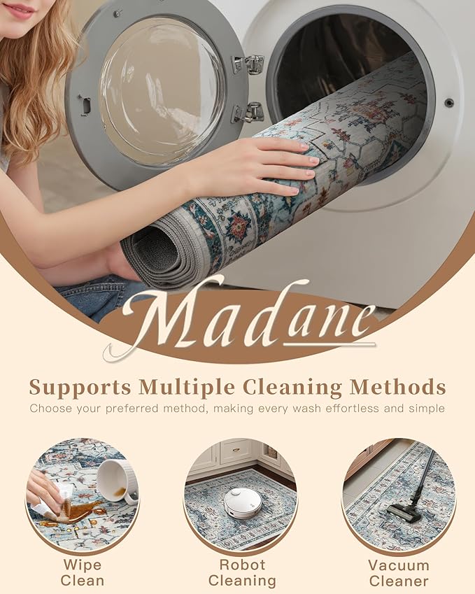 Madane Runner Rug 2'6''x8' Kitchen Runner, Hallway Runner Vintage Washable Rugs Soft Non-Slip Low Pile 2.5x8 ft Runners for Hallways Laundry Room Distressed Rug, Blue
