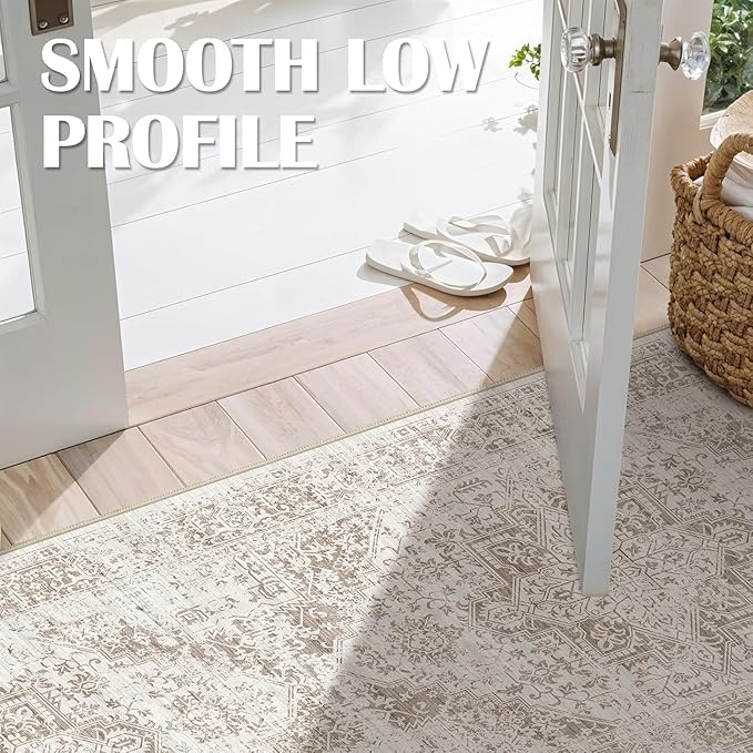 Washable 3x5 Area Rug for Entryway - Kitchen Non Slip Low-Pile Rugs Vintage Soft Thin Carpet Small Stain Resistant Mat for Bedroom Entrance Bathroom Floor Decor (Cream/Camel)