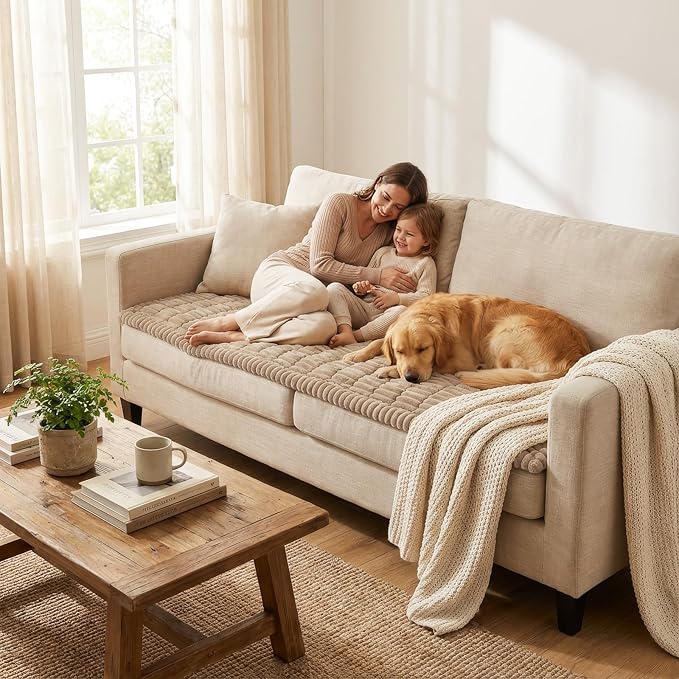 Smiry Couch Cover for Dogs Washable, Non Slip Fuzzy Pet Couch Covers for 3 Cushion Sofa Pet Friendly, Thick Soft Sofa Slipcovers Cushion Protector (Khaki, 27.6" x 27.6")