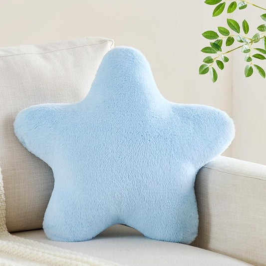 CANGHI Star Pillow 15.7" Blue Star Shaped Decorative Throw Pillow for Couch Bed Aesthetic Plush Floor Seating Cushions with Soft Faux Rabbit Fur for Sofa Bedroom Living Room