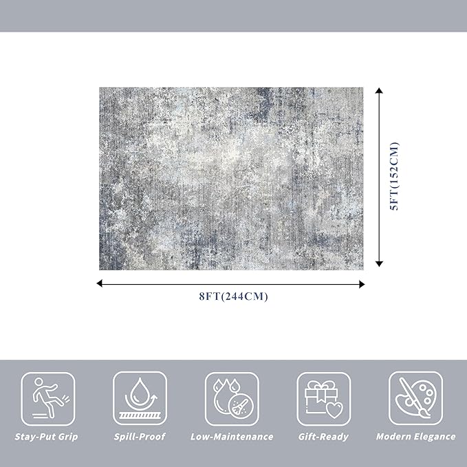 5x8 Washable Rug Living Room - Non-Slip Modern Abstract Neutral Indoor Rug for Bedroom Kitchen Dining Room - Low Pile Soft Carpet（Blue Grey,5x8）