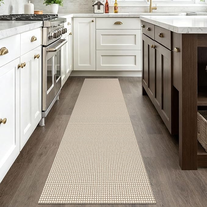 IOHOUZE Washable Runner Rug 2x8 Non Slip Rubber Backed Hallway Runner Entryway Runner Indoor, Kitchen Rugs Woven Cotton Floor Carpet for Kitchen Hall Entrance Bedroom, Beige/Khaki