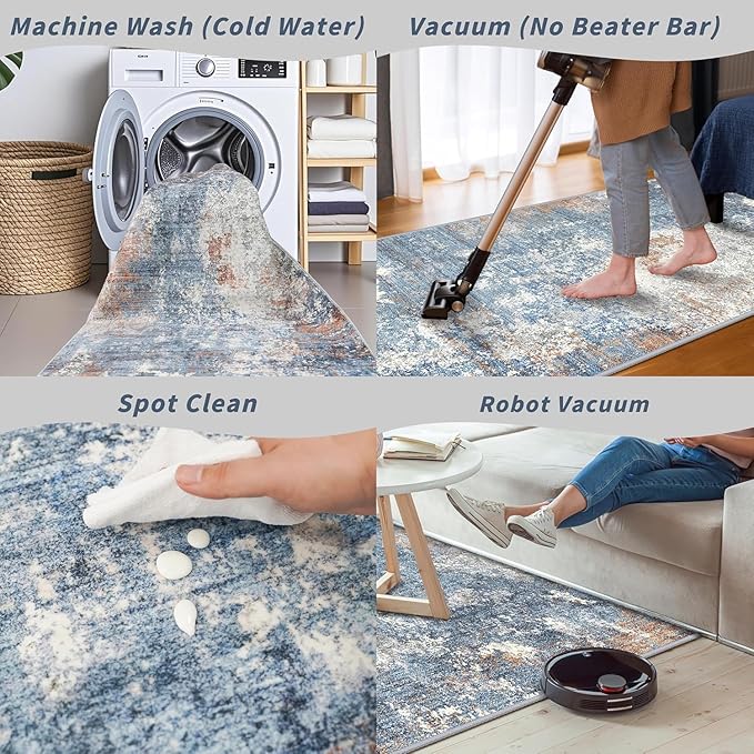 3x7 Kitchen Runner Rug – Washable Non-Slip Modern Abstract Neutral Carpet for Hallway, Entryway, Bedroom, Bathroom – Low-Pile Thin Stain-Resistant Wide Floor Runner (Blue Rust,3x7)