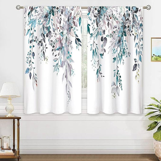 Blue Grey Eucalyptus Botanical Leaves Floral Kitchen Window Curtains Over Sink Farmhouse Flower Leaf Small Window Treatment Cafe Short Curtains for Bathroom Treatment Tier Drapes 42x45 inch