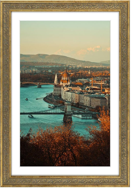 Golden State Art, 13x19 Ornate Finish Photo Frame with White Mat for 11x17 Picture & Real Glass. Color: Distressed Gold