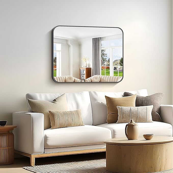 Bathroom Mirror, 30 x 24 inch Metal Framed Black Rectangle Mirror, Rounded Corner Rectangular Vanity Mirror, Wall Mounted Mirror for Modern Bedroom Living Room Hangs Horizontal or Vertical