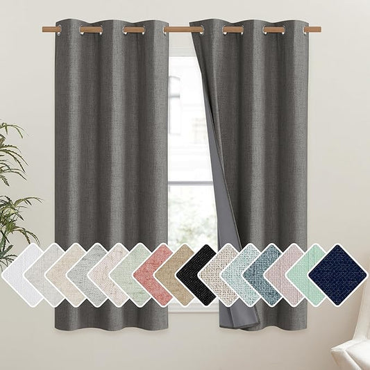 NICETOWN Grizzle Gray Vintage Linen 100% Blackout Curtains for Dining Room, Thermal Insulated Curtains 45" Long, Noise Reducing Window Treatment Drapes for Kitchen, 42" Wide Per Panel, Set of 2