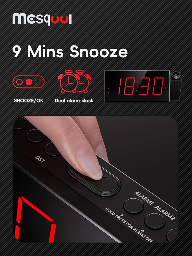 Mesqool Projection Alarm Clock with Loud Bed Shaker, Dual Alarms | 5-level Dimmer, USB charger, Snooze & DST, Loud Vibrating Alarm with Battery Backup, Perfect for Heavy Sleepers - Image 8