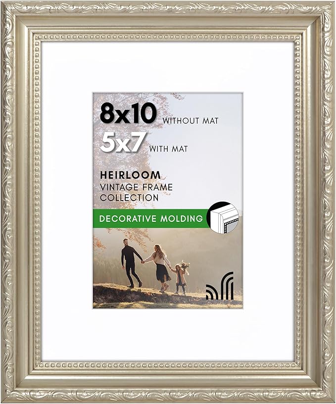 Americanflat 8x10 Picture Frame with Shatter-Resistant Glass - Use as 5x7 Frame with Mat or Display 8x10 Photo Without Mat - Ornate Picture Frames for Wall and Tabletop Display - Silver