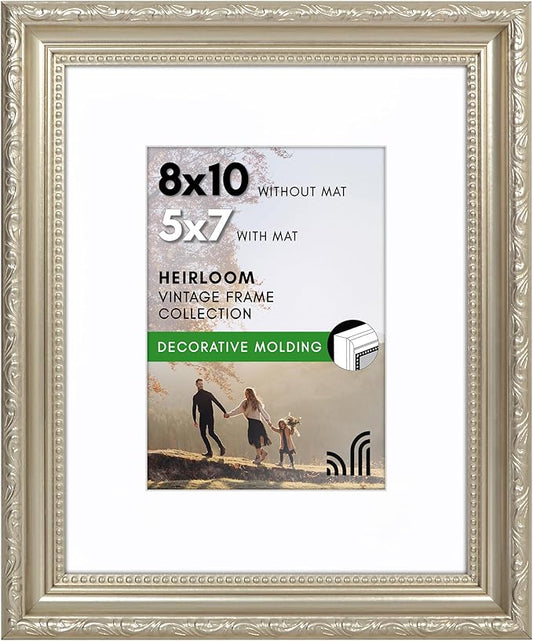 Americanflat 8x10 Picture Frame with Shatter-Resistant Glass - Use as 5x7 Frame with Mat or Display 8x10 Photo Without Mat - Ornate Picture Frames for Wall and Tabletop Display - Silver