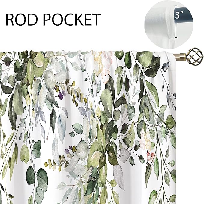 Eucalyptus Botanical Leaves Floral Kitchen Window Curtains Over Sink Farmhouse Flower Leaf Small Window Treatment Sage Green Cafe Short Curtains for Bathroom Treatment Tier Drapes 26x45 inch