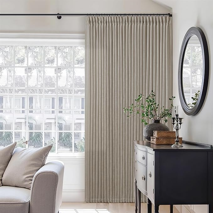 Burlywood Birch Pinch Pleated Linen Curtains 105 Inches Long for Living Room Bedroom 2 Panels Set Greyish Beige Flax Double Pleated Drapes Back Tab Farmhouse Ceiling Floor 105 Inch Window Curtains
