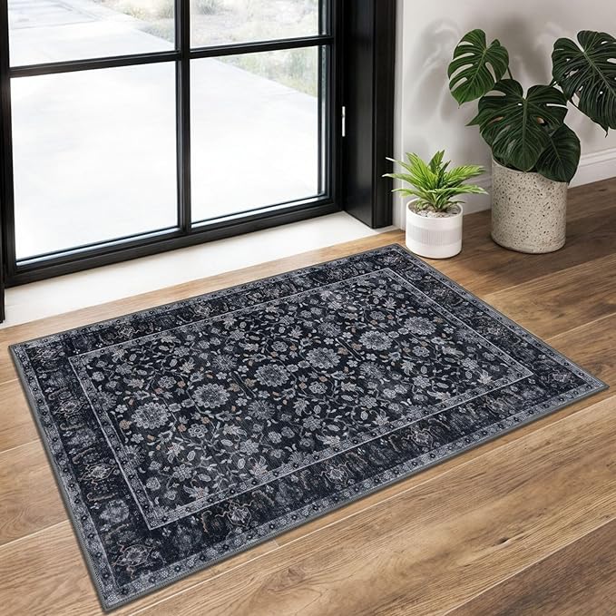 KUTA Vintage Floral Entryway Rug 2x3, Kitchen Rugs Non-Slip Washable Throw Rug, Black Grey Orange Ultra Thin Soft Print Front Door Mat Indoor Doormat for Entrance, Bedside, or Small Spaces
