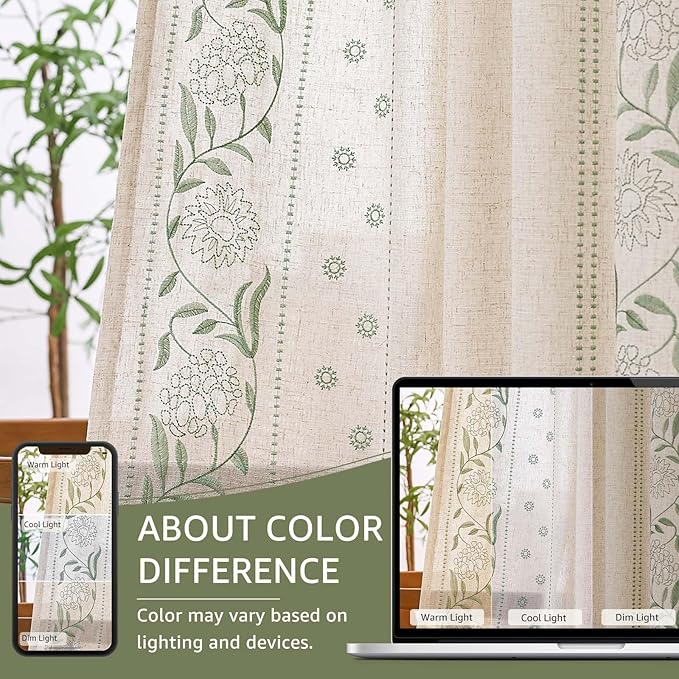 jinchan Winslow Linen Curtains for Bedroom 90 Inches Length Embroidered Bordered Floral Curtains for Living Room Farmhouse Decor Light Filtering Window Treatments Sage on Beige Drapes 2 Panels