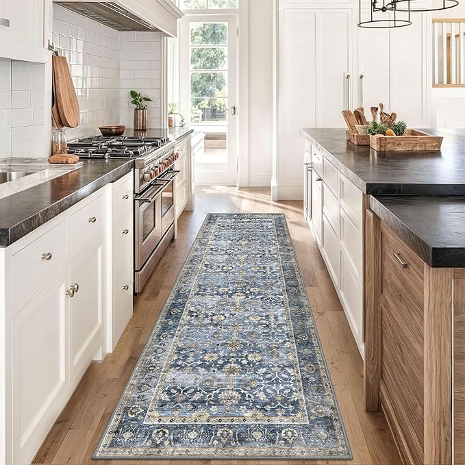 KUTA Vintage Washable Runner Rug, 2.6x8 Blue Grey Beige Runners for Hallways Non-Slip Kitchen Rugs Ultra Thin Soft Printed Distressed Oriental Floor Carpet for Laundry Bedroom Living Room Nursery