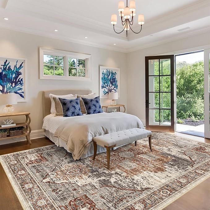 RUUGME Washable 9x12 Area Rugs - Large Rugs for Living Room Stain Resistant Carpet Vintage Rugs for Bedroom with Non Slip Backing Home Decor Floor Decoration Mat (9x12 Brick)