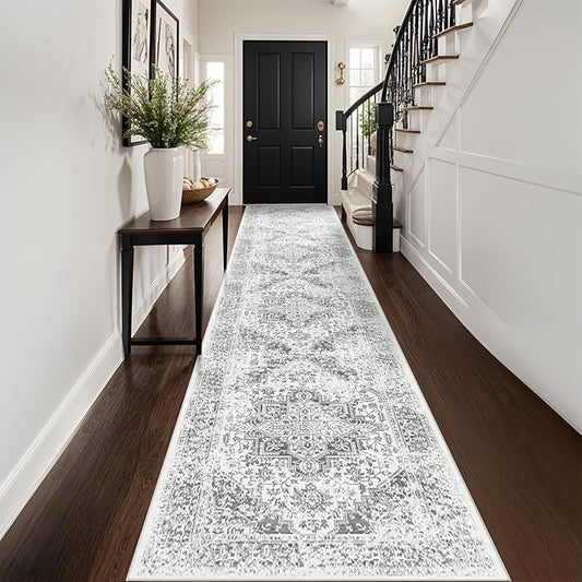 Washable 2'6''x14' Runner Rug - Non-Slip Vintage Runner Rug for Entryway Low-Pile Medallion Long Rugs for Hallway Waterproof Traditional Indoor Thin Rug for Kitchen (Grey)