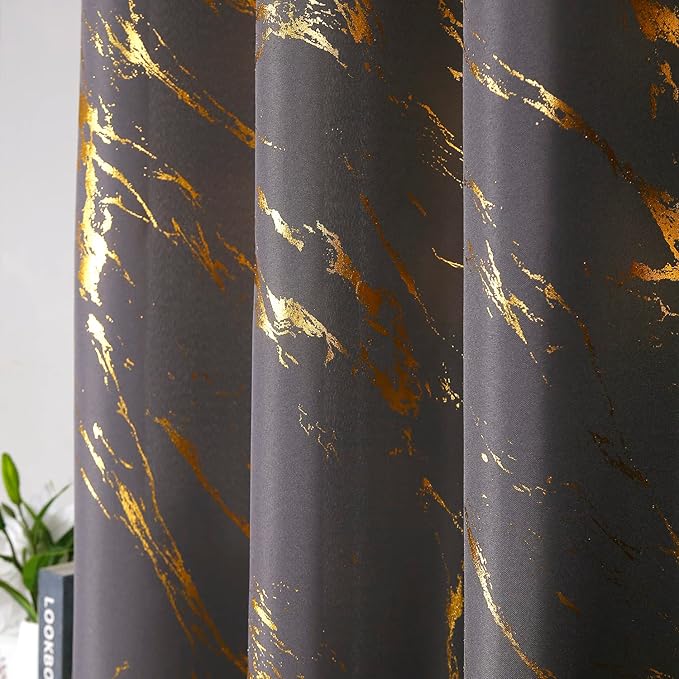 Taisier Home Gold Foil Print Linen Textured Curtains - Geometric Marble Pattern Design for Living Room - Light Filtering Window Treatment, 2 Panels, 84" L, Soft Grey and Gold