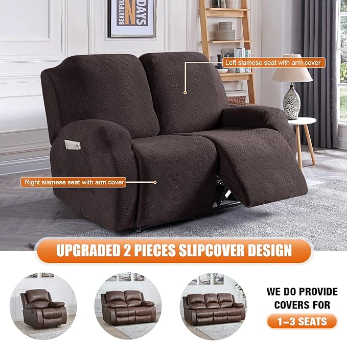 VANSOFY Loveseat Recliner Covers, 2-Pieces Stretch Reclining Couch Cover with Pockets Recliner Sofa Slipcovers 2 Seate Soft Washable Furniture Protector for Dogs Cats(Chocolate)