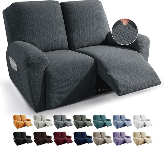 JIVINER Loveseat Recliner Covers 6-Piece Stretch Jacquard Recliner Sofa Slipcover 2 Seater Washable Reclining Couch Cover with Pocket Fitted Furniture Protector Cover (Loveseat Recliner, Dark Gray)
