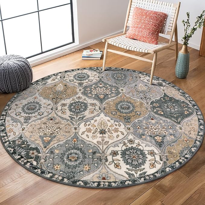 Lahome Moroccan Trellis Round Area Rugs, Washable Small Round Rug 3ft Non-Slip, Soft Vintage Ultra-Thin Circle Carpet for Bedroom Entryway Kitchen Laundry Bathroom Elise, Grey