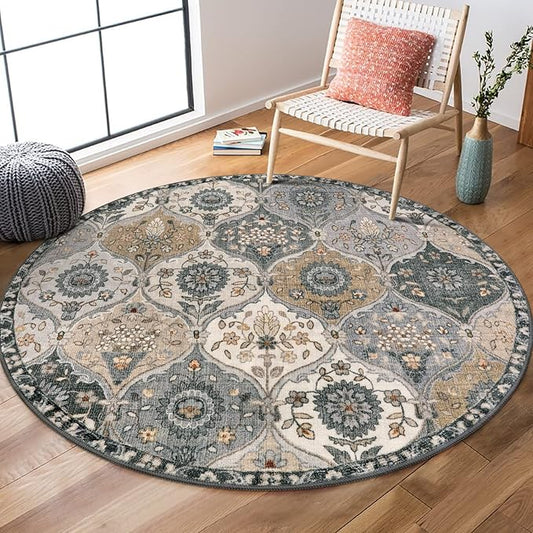 Lahome Moroccan Trellis Washable Round Rugs, Non-Slip Soft Round Rug 4ft Ultra-Thin, Small Vintage Circle Carpet for Entryway Kitchen Bedroom Nursery Bathroom Elise, Grey