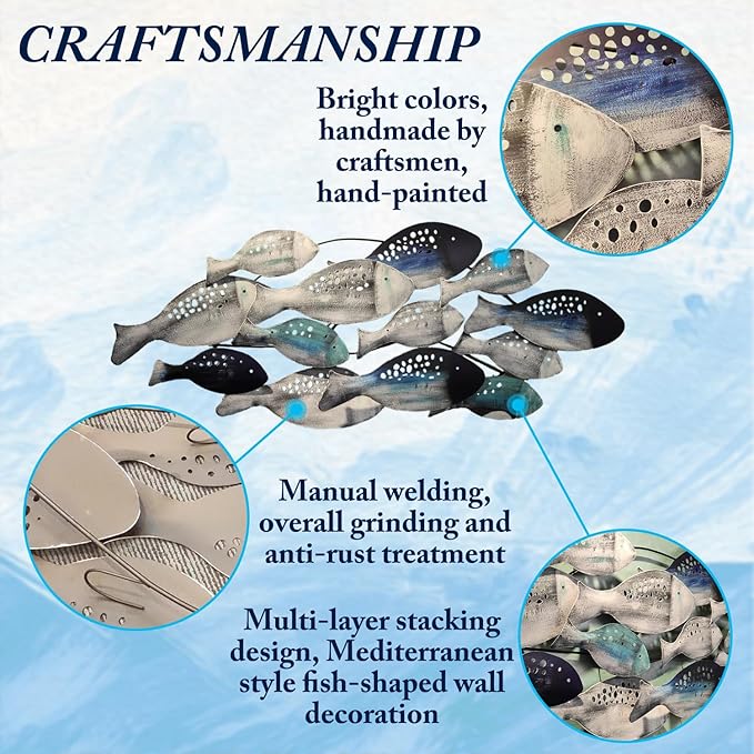 FMXYMC Coastal Ocean Metal 3D Fish Wall Sculpture, 50" x 20", Hand Painted Hanging Decoration for Living Room/Bedroom/Dining Room
