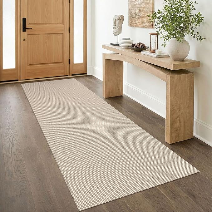 IOHOUZE Washable Runner Rug 3x8 Non Slip Rubber Backed Wide Hallway Runner Entryway Runner Indoor, Kitchen Rugs Woven Floor Carpet for Hall Entrance Bedroom, Beige/Khaki
