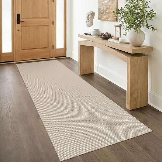 IOHOUZE Washable Runner Rug 3x8 Non Slip Rubber Backed Wide Hallway Runner Entryway Runner Indoor, Kitchen Rugs Woven Floor Carpet for Hall Entrance Bedroom, Beige/Khaki