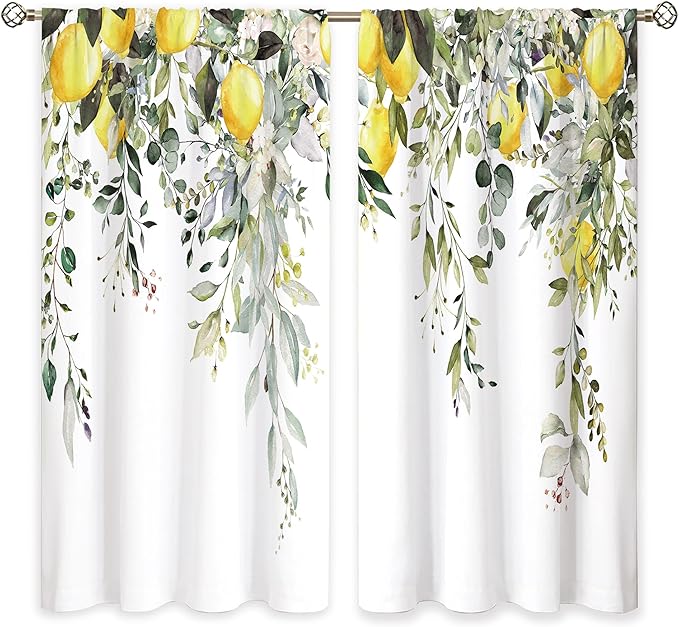 Yellow Lemon Eucalyptus Botanical Leaves Floral Window Curtains Sage Green Watercolor Flower Plant Farmhouse Curtain Drapes Herb Curtains for Bedroom Living Room Treatment 42Wx63H Inch