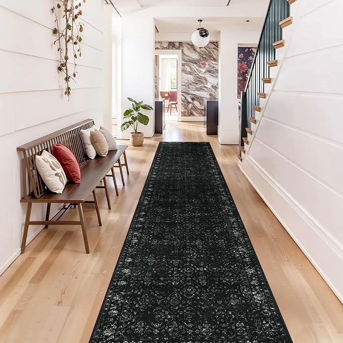 Hedlive Vintage Black Runners for Hallways 12ft, Long Washable Runner Rug for Entryway Non Slip, Ultra-Thin Soft Carpet Runners for Kitchen Indoor Entry Bedroom (2'6"x12', Black)