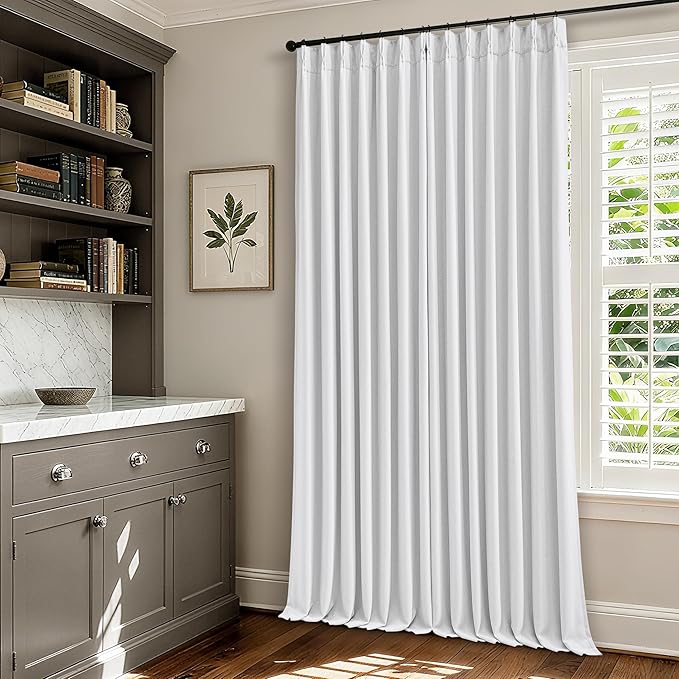 Snow White Pinch Pleated Blackout Linen Curtains 86 Inches Long for Bedroom Pleated 100% Black Out Drapes with Liner Modern Farmhouse Extra Long 86 Inch Window Curtain Panel for Living Dining Room