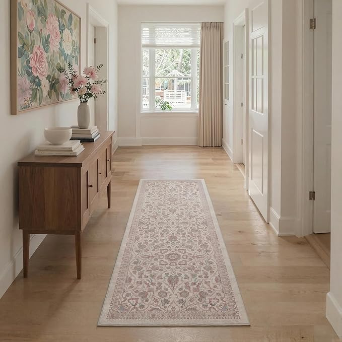 GENIMO Runner Rug for Hallways Machine Washable, 2x10 Non Slip Boho Vintage Lightweight Washable Runners, Thin Floor Rugs for Entryway Hallway Bathroom Laundry Room Corridor, Dusty Rose