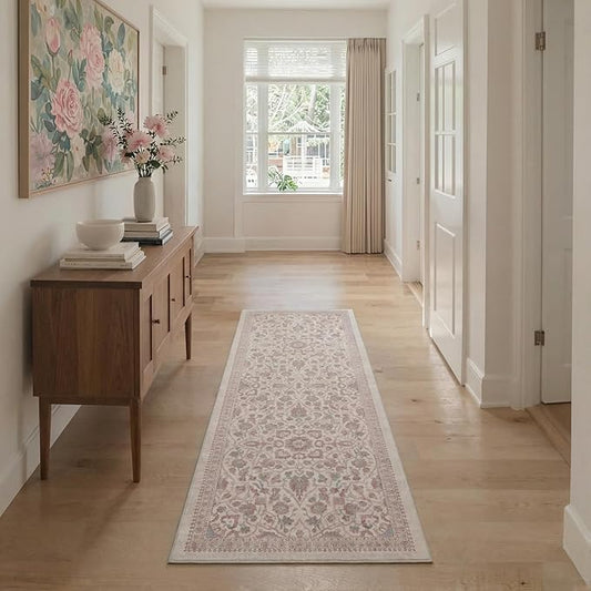 GENIMO Runner Rug for Hallways Machine Washable, 2x10 Non Slip Boho Vintage Lightweight Washable Runners, Thin Floor Rugs for Entryway Hallway Bathroom Laundry Room Corridor, Dusty Rose