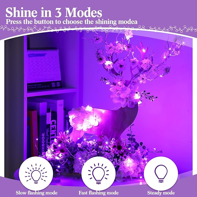 Hortsun 100 Packs Fairy Lights Battery Operated 3 Speed Modes, 7 Ft/ 2 M 20 LED Battery String Mini Waterproof Wire Twinkle Lights Bulk for Wedding Party Birthday Vases Decor (Purple Light)