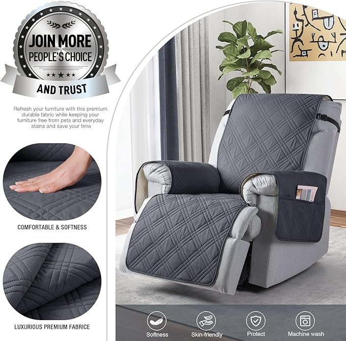 TAOCOCO Waterproof Recliner Chair Covers 30 Inch Wide, Oversized Recliner Covers for Recliner Chair with Pocket, Recliner Slipcovers with Straps Furniture Protector for Kids Pets (30'', Dark Grey)