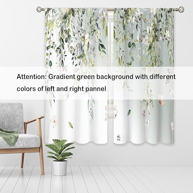 Sage Green Eucalyptus Botanical Leaves Floral Window Curtains Watercolor Flower Plant Wildflower Farmhouse Curtain Drapes Herb Plant Curtains for Bedroom Living Room Treatment 42Wx63H Inch