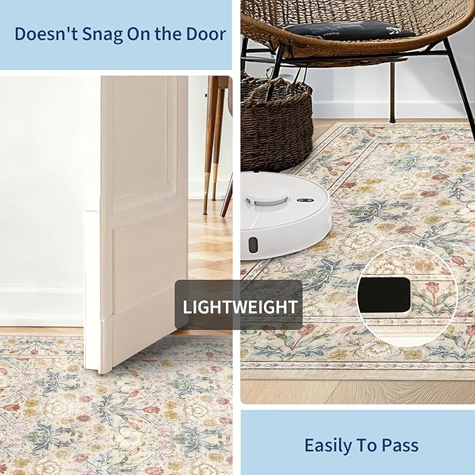 GarveeHome Washable Area Rug 6x9, Soft Vintage Floral Bedroom Rug Non Slip Low Pile Beige Carpet Stain Resistant Throw Rug for Bedside Kids Room Office Dining Room