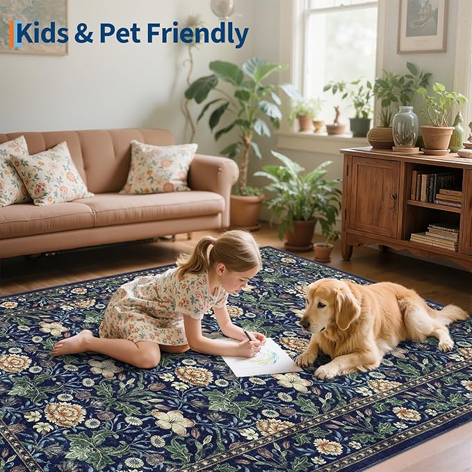 GarveeHome Large Area Rugs 9x12 for Living Room, Forest Green Floral Washable Rug Soft Non Slip Floor Mat Carpet Indoor Thin Accent Rug for Bedroom Dining Room Playroom Nursery Home Decor