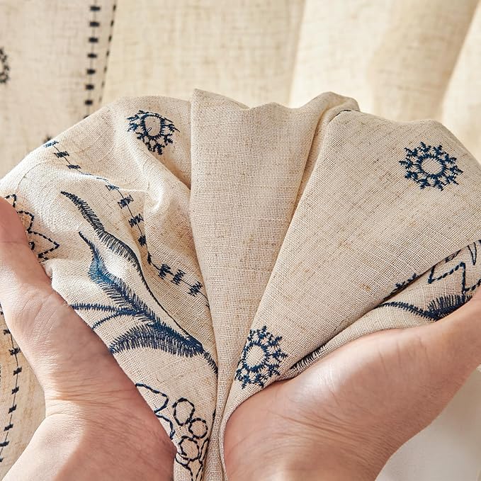 jinchan Winslow Lined Linen Curtains for Bedroom 84 Inches Linen Blended Embroidered Bordered Floral Curtains for Living Room Farmhouse Decor Window Treatments Blue on Beige Drapes 2 Panels