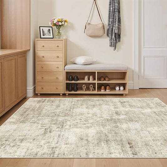 Soalmost 3x5 Rug, Small Area Rug for Kitchen, Entryway, Machine Washable Non-Slip Throw Rug, Vintage Carpet for Nursery Coffee Table Beige/Gray