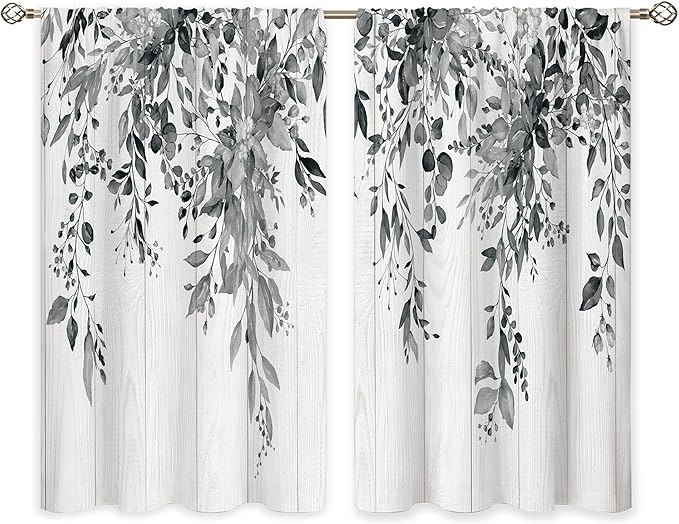 Farmhouse Grey Eucalyptus Small Kitchen Curtains Leaves Window Treatment Black White Wooden Cafe Short Curtains for Bathroom Dining Laundry Room Botanical Tier Treatment Drapes 27.5x39 inch