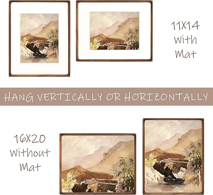 16x20 Picture Frame with Mat for 11x14, Natural Walnut Wood Handcrafted Rounded Corner with Plexiglass, Vertical or Horizontal Display Photo Gallery Poster Wall Mounting Frame