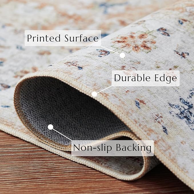 jinchan Area Rug 5x7 Living Room Rug - Washable Vintage Boho Floral Print Floor Cover Lightweight Low Pile Thin Non-Slip Retro Distressed Carpet for Bedroom Dining Room Kitchen Office Pink Blush