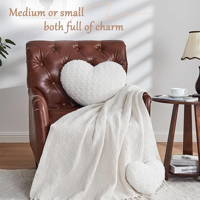 Heart Pillow White Throw Pillows, Soft Fluffy Decorative Pillows for Bed Couch Chair, Cute Heart Shaped Room Decor Gifts for Valentine Anniversary Birthday Mothers Christmas (Medium, 20"x15")