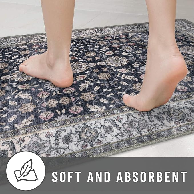 KUTA Vintage Floral Entryway Rug 2x3, Kitchen Rugs Non-Slip Washable Throw Rug, Grey Black Beige Ultra Thin Soft Print Front Door Mat Indoor Doormat for Entrance, Bedside, or Small Spaces
